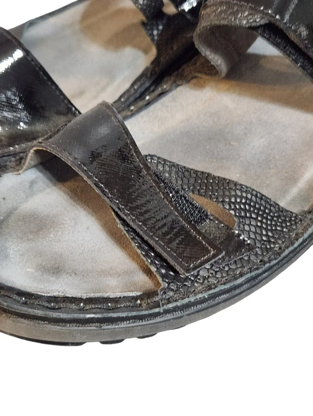 Naot Sandals Womens 41 10 10.5 Black Patent Leather Double Strap Shoes Hook Loop